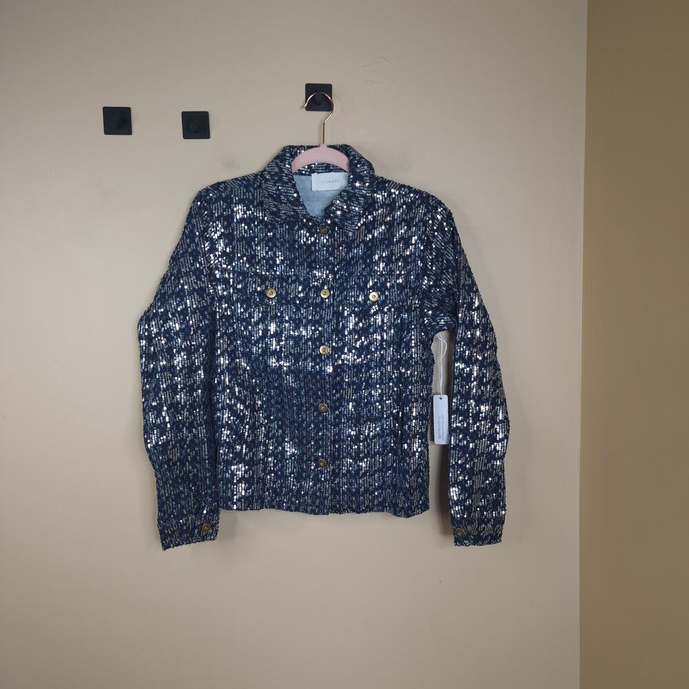 SIX/FIFTY Pixie Blue Denim Sequin Houndstooth Jacket with Raw Hem Size XS